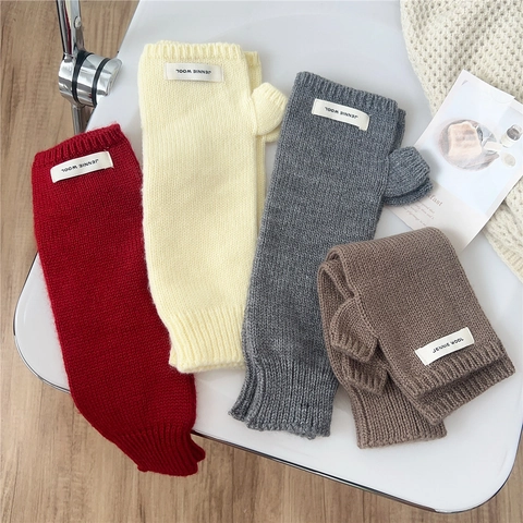 Guantes De Punto Sin Dedos Calentadores De Brazos Invierno Con Agujero Para Pulgar Color Sólido Espesados Para Mujeres
