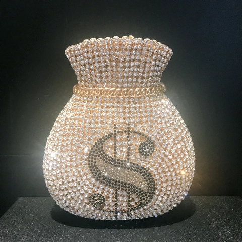 Money Bag Evening Bag Rhinestone Crystal Clutch Handcrafted Dollar Sign Party Wedding Handbag With Chain Strap