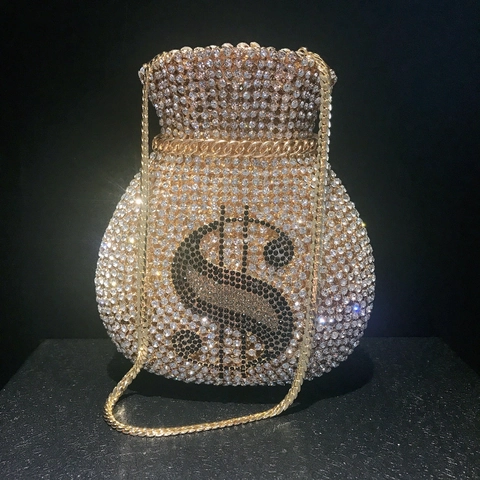 Money Bag Evening Bag Rhinestone Crystal Clutch Handcrafted Dollar Sign Party Wedding Handbag With Chain Strap