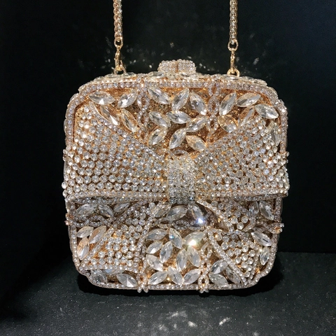 Bowknot Rhinestone Evening Clutch Bag Sparkling Metal Square Box Purse For Wedding Party Luxury Handbag