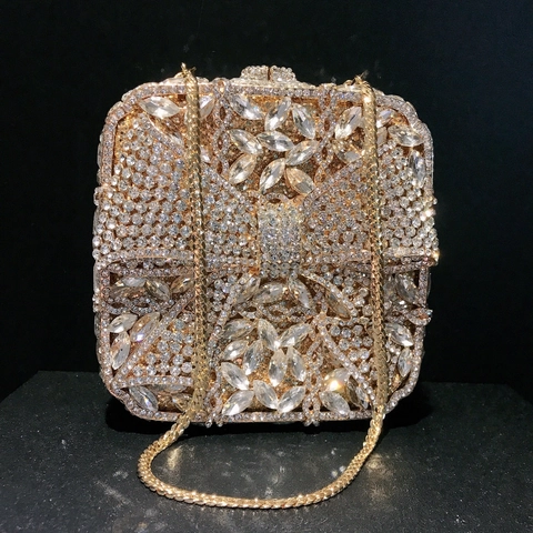 Bowknot Rhinestone Evening Clutch Bag Sparkling Metal Square Box Purse For Wedding Party Luxury Handbag