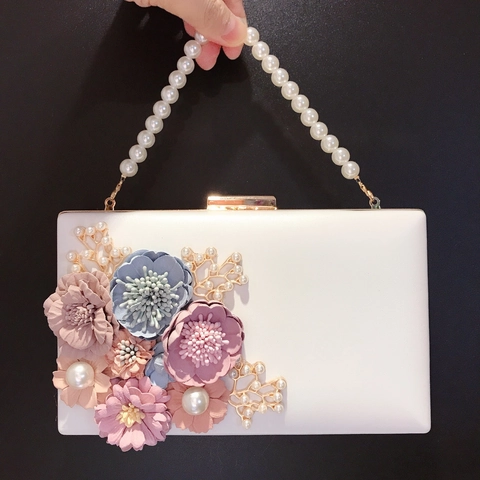 Abendtasche Clutch Weiß PU Leder Mit 3D Stoffblumen Und Künstliche Perlengriff Hochzeit Party Handtasche Damen