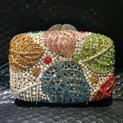 Luxury Rhinestone Leaf Evening Bag Metal Hollow Out Clutch Purse Women Crystal Handbag For Wedding Party Banquet