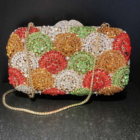 Pochette Da Sera Strass Multicolore Motivo Bolla Metallo Scocca Rigida Matrimonio Festa Borsa A Mano Con Catena Donna