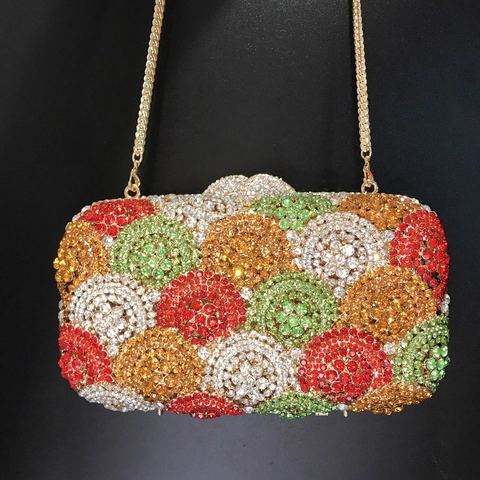 Pochette Da Sera Strass Multicolore Motivo Bolla Metallo Scocca Rigida Matrimonio Festa Borsa A Mano Con Catena Donna