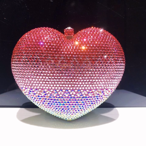 Herzförmige Abendtasche Clutch Farbverlauf Straßsteine Hartschale Metall Handtasche Mit Abnehmbarer Kette Für Party Gala