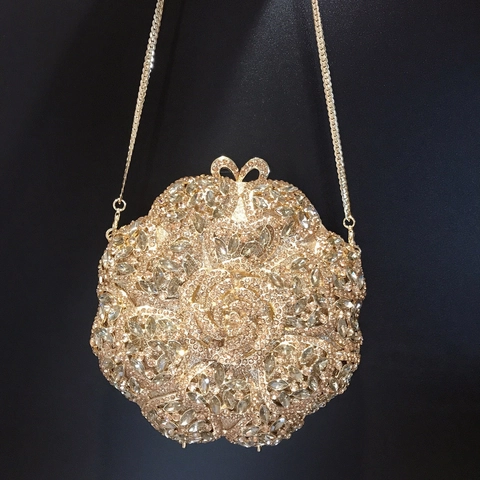 Rose Blume Runde Abendtasche Für Damen Mit Strasssteinen Metall Minaudiere Hochzeit Party Kette Handtasche Luxus