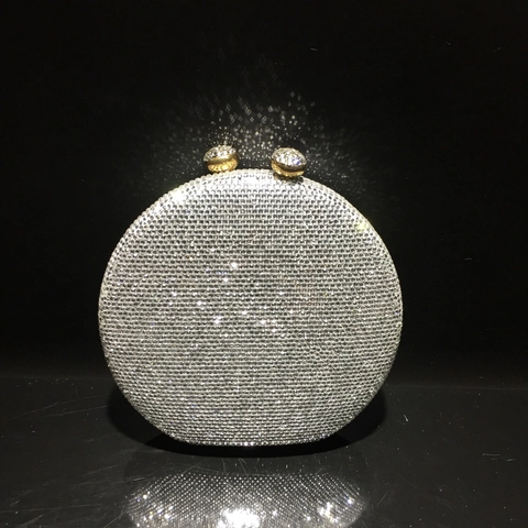 Round Evening Clutch Bag Rhinestone Crystal Metal Hard Shell Handbag With Chain Strap Party Wedding Elegant For Women