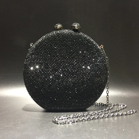 Round Evening Clutch Bag Rhinestone Crystal Metal Hard Shell Handbag With Chain Strap Party Wedding Elegant For Women