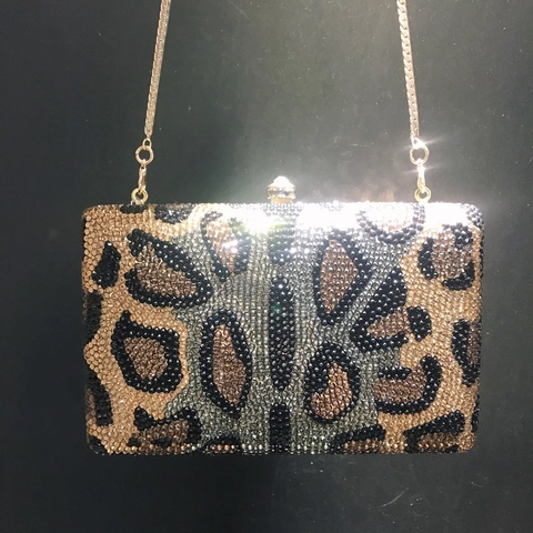 Luipaardprint Strass Avondtas Kristal Luxe Clutch Met Metalen Ketting Voor Dames Feest Banket