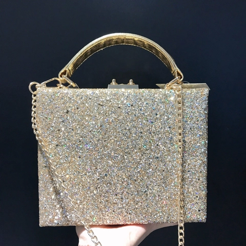 Sac De Soirée Pochette Paillettes Dorées Cuir PU Boîte Rigide Poignée Métallique Chaîne Amovible Fête Mariage Bal