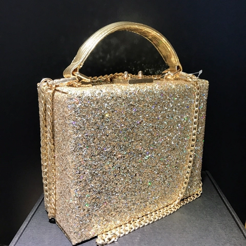 Sac De Soirée Pochette Paillettes Dorées Cuir PU Boîte Rigide Poignée Métallique Chaîne Amovible Fête Mariage Bal