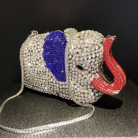Elephant Animal Shape Evening Bag Full Rhinestone Crystal Clutch Handbag Luxury Metal Hard Shell Formal Party Wedding