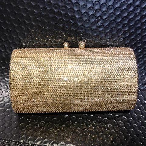 Sparkling Rhinestone Evening Clutch Bag Gold Cylinder Box Purse With Chain Strap For Wedding Party Formal Event