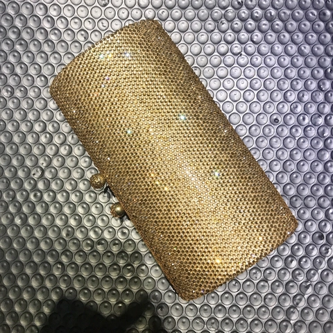 Sparkling Rhinestone Evening Clutch Bag Gold Cylinder Box Purse With Chain Strap For Wedding Party Formal Event