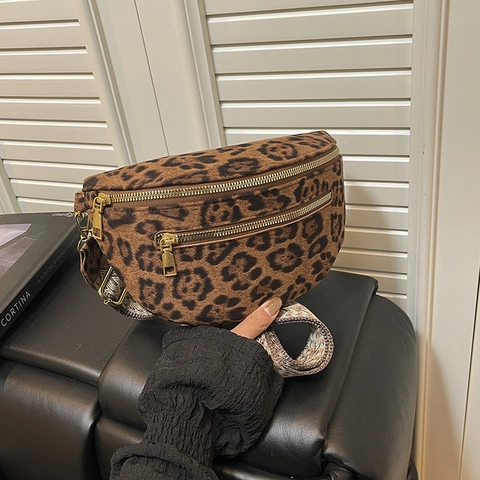 Leopard Print Belt Bag For Women Large Capacity Chest Fanny Pack With Wide Jacquard Strap Corduroy Vintage Crossbody