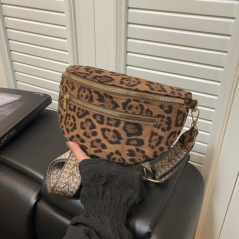 Leopard Print Belt Bag For Women Large Capacity Chest Fanny Pack With Wide Jacquard Strap Corduroy Vintage Crossbody