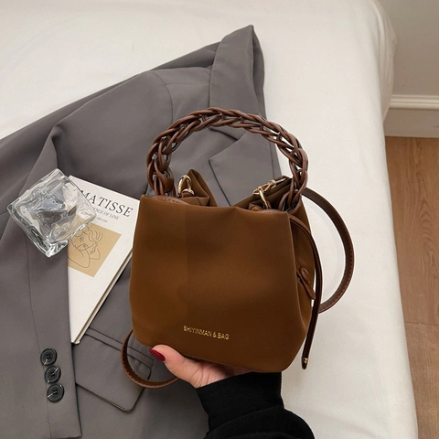 Minimalistische Damen Eimer Tasche Aus PU Leder Mit Geflochtenem Griff Vielseitige Umhängetasche Alltag