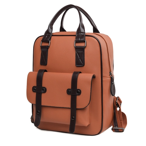 Mochila De Cuero PU Para Mujer Gran Capacidad Estilo Británico Retro Textura Lichi Bolso Escolar Viaje Color De Contraste