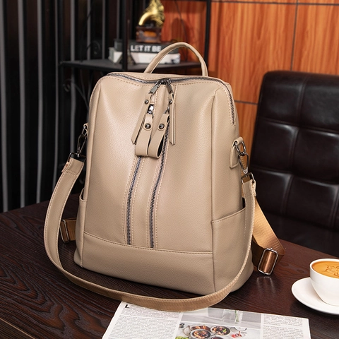 Women PU Leather Backpack Litchi Pattern Double Zipper Multi Functional Travel School Bag Vintage Casual For Ladies