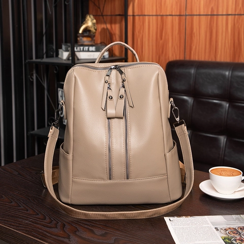 Women PU Leather Backpack Litchi Pattern Double Zipper Multi Functional Travel School Bag Vintage Casual For Ladies