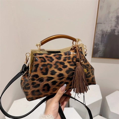 Vintage Handtasche Leopardenmuster Glänzend PU Lackleder Metallrahmen Quaste Schulter Umhängetasche Damen