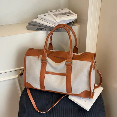 Borsa Da Viaggio Grande Capacità In Tela Con Finiture In Pelle Borsone Impermeabile Per Fine Settimana Fitness Lavoro