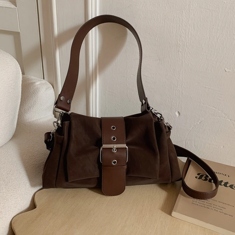 Vintage Faux Suede Pleated Shoulder Bag For Women Minimalist Underarm Crossbody Purse With Large Silver Metal Buckle