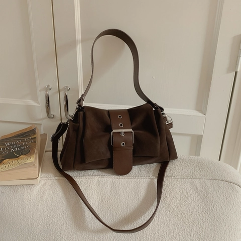 Vintage Faux Suede Pleated Shoulder Bag For Women Minimalist Underarm Crossbody Purse With Large Silver Metal Buckle