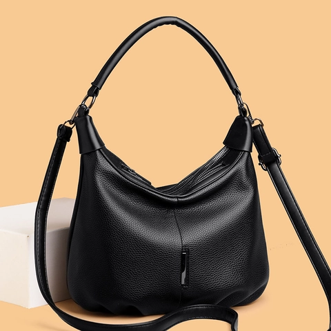 Vintage Hobo Bag Lychee Grain PU Leather Large Capacity Shoulder Handbag Multi Compartment Minimalist For Women