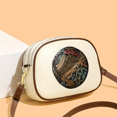 Vintage Ethnic Style Crossbody Bag PU Leather Polyester Lining Elephant Embossed Multi Zipper Shell Shape Women