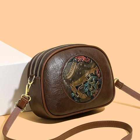 Vintage Ethnic Style Crossbody Bag PU Leather Polyester Lining Elephant Embossed Multi Zipper Shell Shape Women