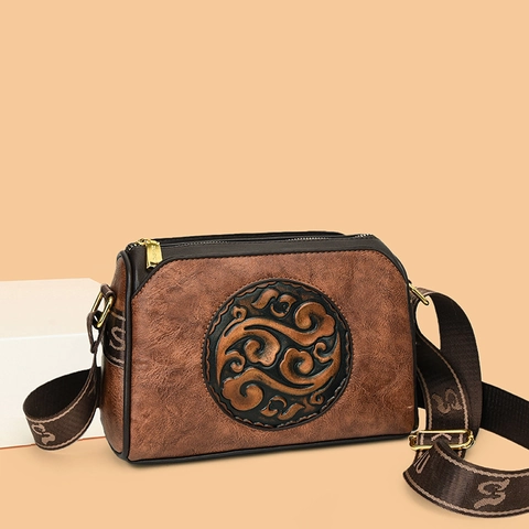 Women Retro PU Leather Crossbody Bag With Chinese Style Relief And Wide Webbing Shoulder Strap For Casual Commuter