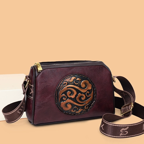 Women Retro PU Leather Crossbody Bag With Chinese Style Relief And Wide Webbing Shoulder Strap For Casual Commuter