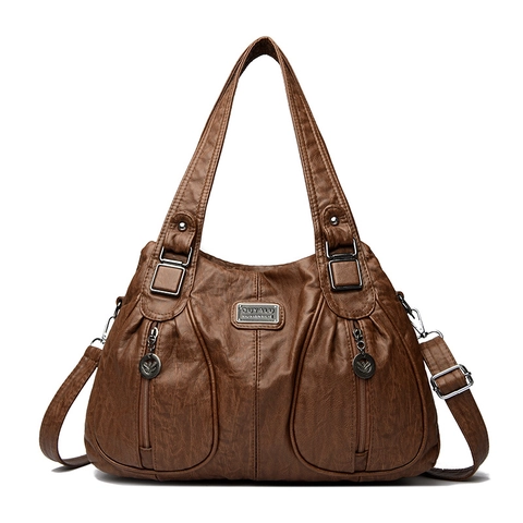 Vintage Large Capacity Shoulder Bag Textured PU Leather Multi Pocket Tote Handbag For Women Travel Leisure Retro Style