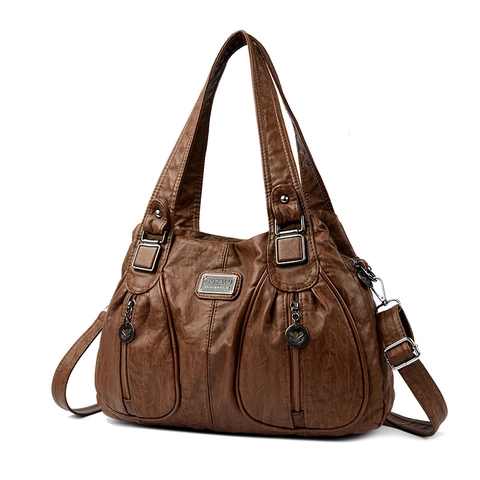 Vintage Large Capacity Shoulder Bag Textured PU Leather Multi Pocket Tote Handbag For Women Travel Leisure Retro Style