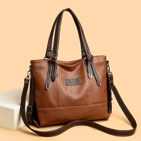 Sac Fourre-tout Grande Capacité Cuir PU Surpiqûres Contrastées Vintage Sac À Main Navette Pour Femmes Sac À Bandoulière