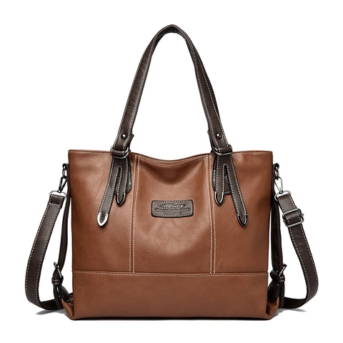 Sac Fourre-tout Grande Capacité Cuir PU Surpiqûres Contrastées Vintage Sac À Main Navette Pour Femmes Sac À Bandoulière