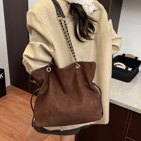 Women Vintage Suede Shoulder Bag Large Capacity Tote Minimalist Chain Strap Drawstring Slouchy Hobo Handbag