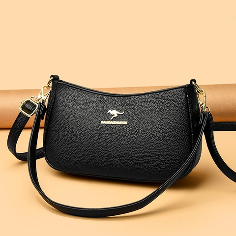 Womens Shoulder Bag PU Leather Litchi Pattern Kangaroo Logo Golden Hardware Casual Adjustable Strap Crossbody Bag