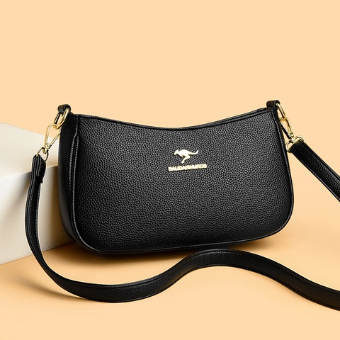 Womens Shoulder Bag PU Leather Litchi Pattern Kangaroo Logo Golden Hardware Casual Adjustable Strap Crossbody Bag