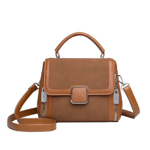 Retro PU Leather Handbag For Women With Suede Splicing Top Handle Crossbody Bag Adjustable Strap Square Metal Buckle Elegant