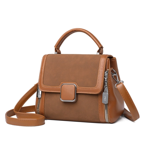 Retro PU Leather Handbag For Women With Suede Splicing Top Handle Crossbody Bag Adjustable Strap Square Metal Buckle Elegant