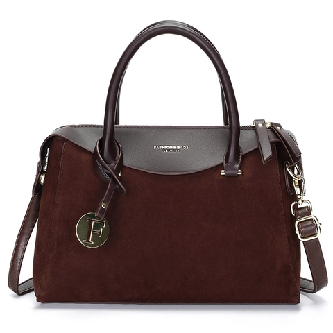 Sac À Main Boston Femme Daim Et Cuir Lisse Surpiqûres Grande Capacité Sac À Bandoulière Rétro Avec Pendentif Lettre F Décoratif
