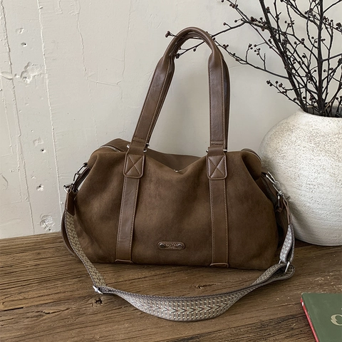 Bolso Tote de Gamuza para Mujer Gran Capacidad Retro Bolso de Mano Bandoulière Cinta Tejida Cuero Artificial Bolso Mensajero