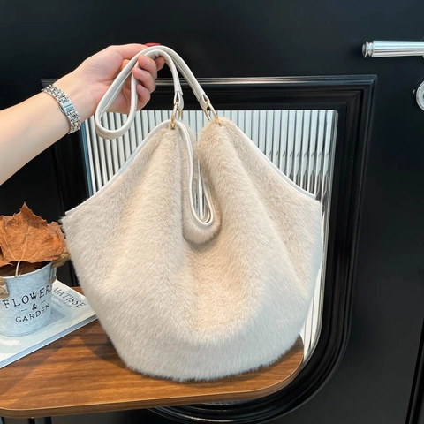 Faux Fur Tote Bag Large Capacity Plush Shoulder Handbag Leopard Print Solid Color Autumn Winter Fashion For Women