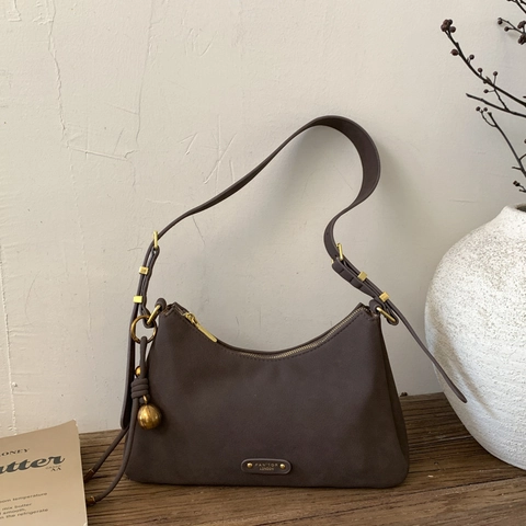 Women PU Leather Underarm Bag Retro Minimalist Half Moon Hobo Shoulder Handbag For Daily Commute Gold Hardware
