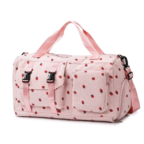 Große Kapazität Cord Reisetasche Damen Erdbeerdruck Wochenendtasche Mit Schuhfach Nass-Trocken-Trennung Fitness Yoga Handtasche