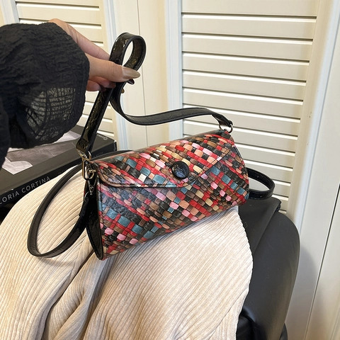 Bolso Bandolera Tejido Para Mujer Cuero PU Color Contraste Vintage Pequeño Cuadrado Solapa Bolso De Hombro