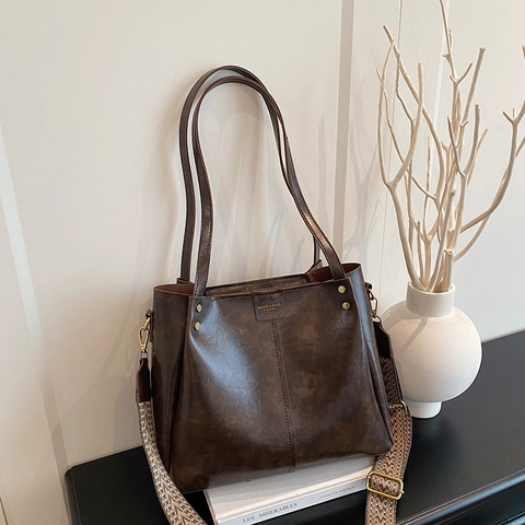 Vintage Damen Große Tote Bag PU Leder Schultertasche Mit Abnehmbarem Geometrischem Webband Minimalistisch